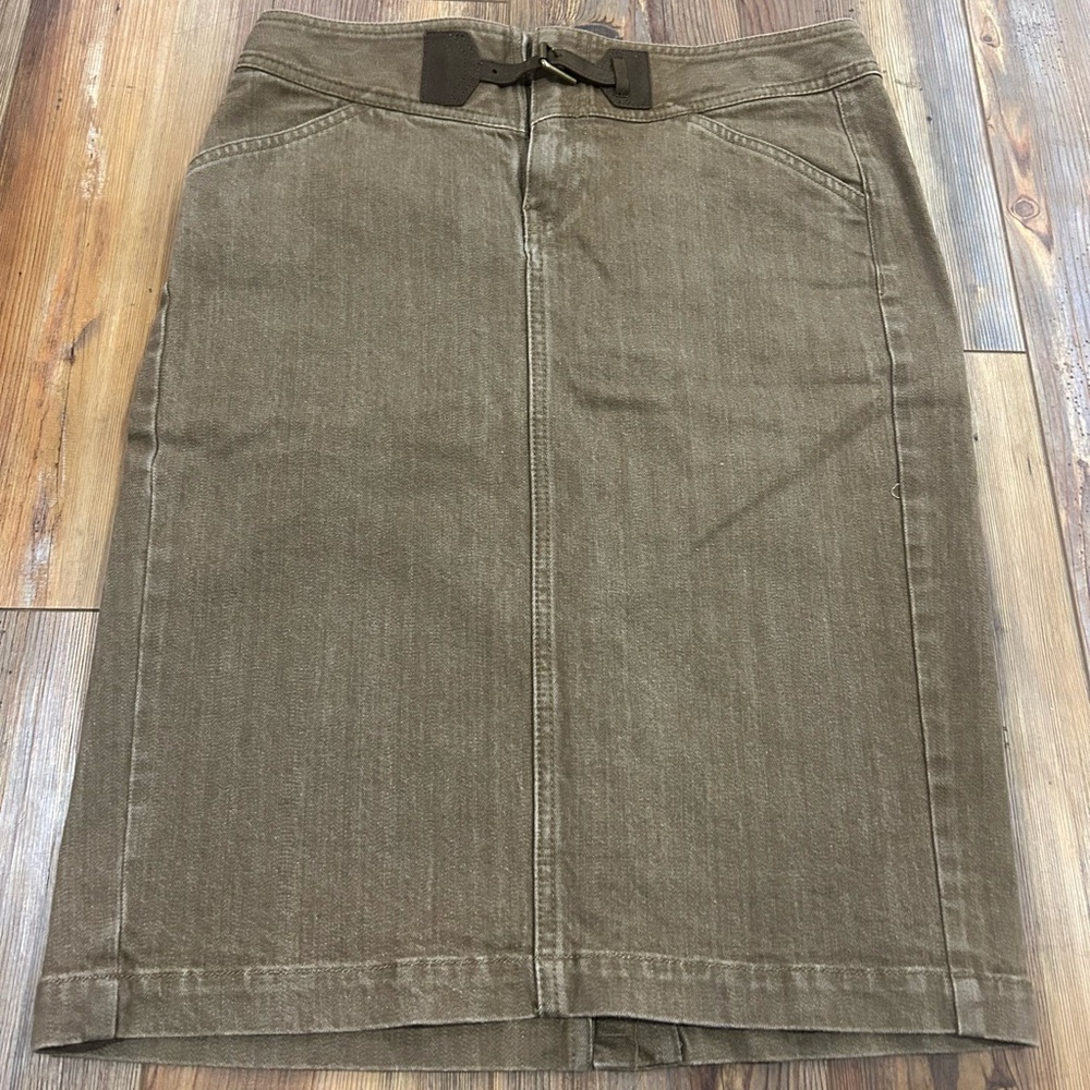 LRL Equestrian Denim Pencil Skirt Brown Tan • Suede Buckle 2 Old Money